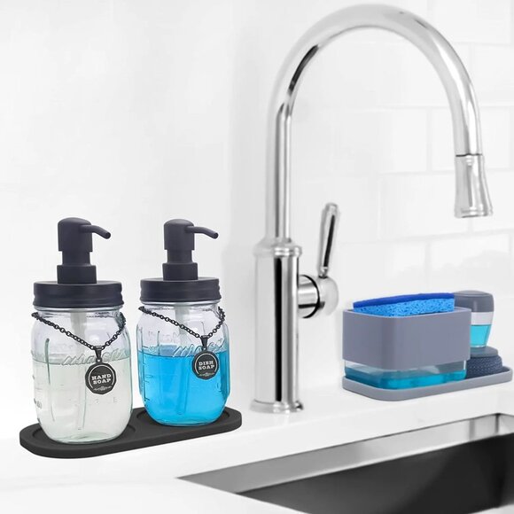 Mason Jar Soap and Lotion Dispenser Set with 2 in 1 Non-Slip Coaster, (Black) - Picture 7 of 7